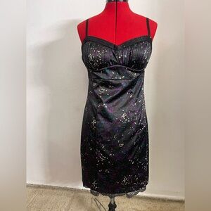 Guess Los Angeles Satin Cocktail Dress Womens Size 10 Black Purple Print Bodycon